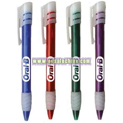 Retractable plastic pen with frosted white rubber clip and grip.
