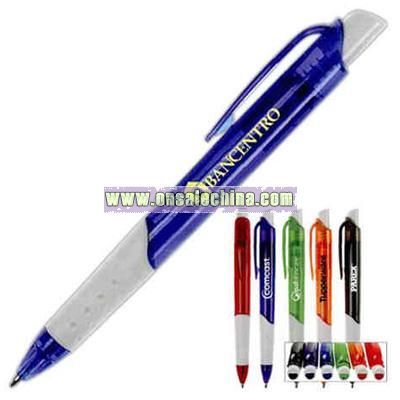 Pen with translucent barrel and clip with white accent and textured grip.