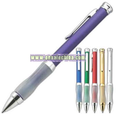 Electroplated or lacquered coated twisted action ballpoint pen with rubberized grip