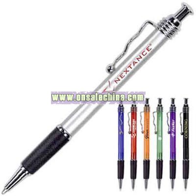 Slim ballpoint pen with black rubber grip and silver spiral clip