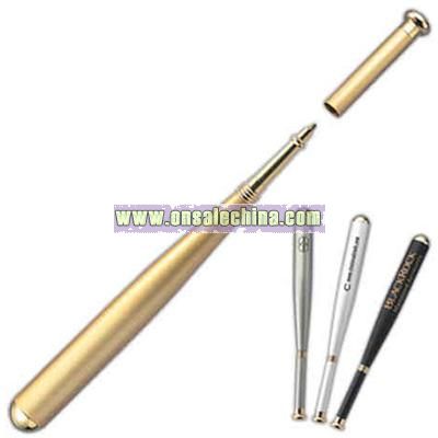 Metal baseball bat shaped pen with gold accents