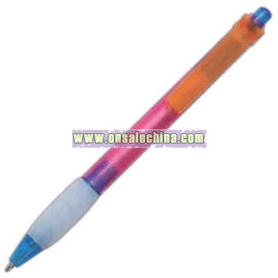 Translucent colored pen with blue ink and grip section