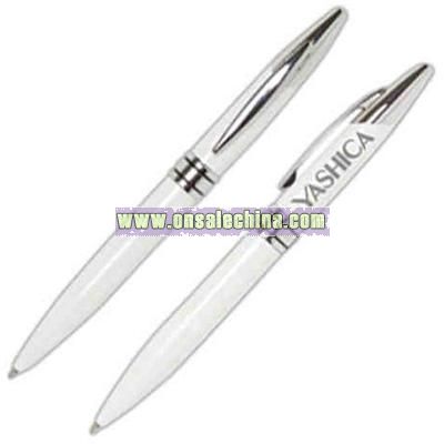 Overseas white twist action laser ballpoint pen with silver trim