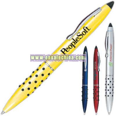 Twist action ballpoint pen with stylus tip