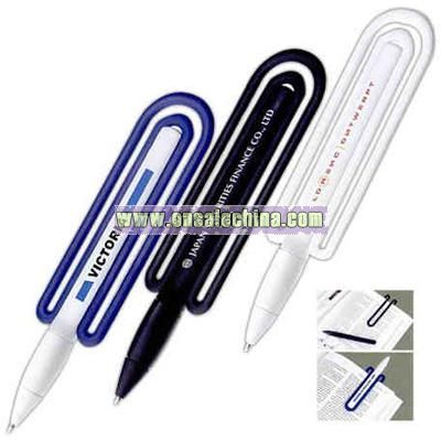 ClipWriter (TM) - Twist-action combination plastic ballpoint pen and translucent blue bookmark