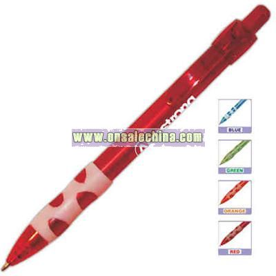 Translucent retractable pen with holey grip.