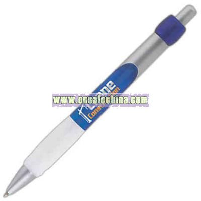 Plunger action retractable ballpoint pen with dimpled rubber gripping section