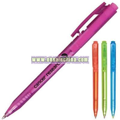frosted translucent barrel pen with retractable clip action.