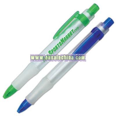 Click action medium standard ballpoint pen with black ink and grip section.