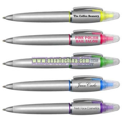 Twistrax (R) - Metal twist retractable ball point pen and highlighter combo