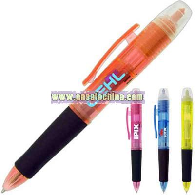Three color multiple ink pen with highlighter on top and soft grip
