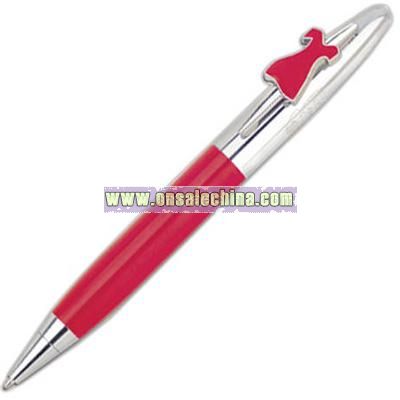 Twist action ballpoint pen with American Heart Association red dress icon on clip.