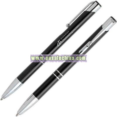 Aluminum barrel click action ballpoint pen.