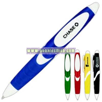 Retractable ballpoint pen with elongated grip.