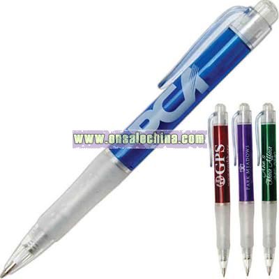 Large diameter retractable pen with dimpled rubber grip
