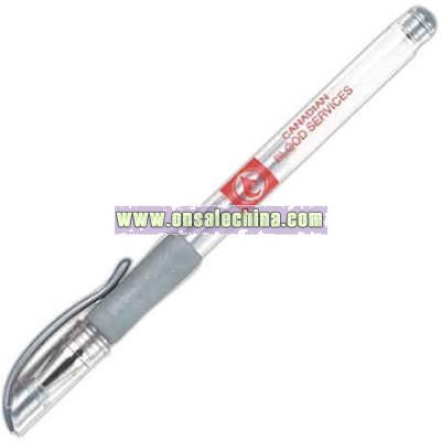Transparent barrel gel pen with silver finger grip