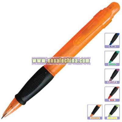 Translucent retractable pen with black grip and ink