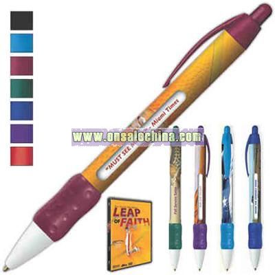 Retractable ballpoint message pen with six rotating messages and a grip