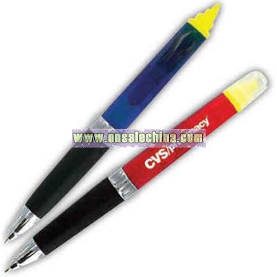Twist action retractable ballpoint pen and highlighter combo