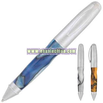 Twist action ballpoint pen with faux marble barrel and engraveable matte cap