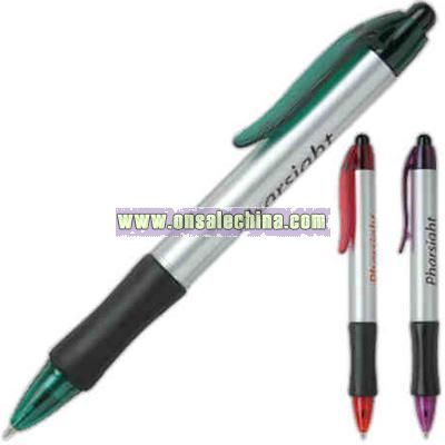 plastic ballpoint pen with black rubber grip