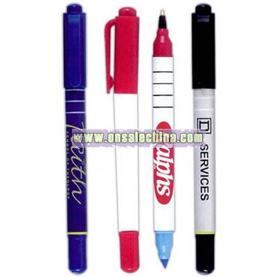 Roller ball pen and highlighter combination with rubber body