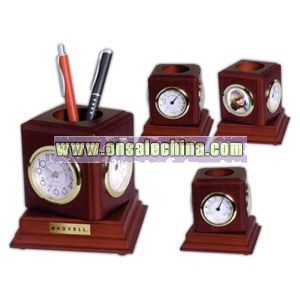 Four in one rosewood desktop pencil holder with clock thermometer and photo frame