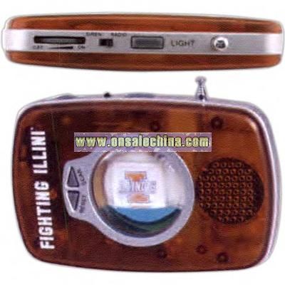Liquid filled floater FM scan radio with alarm and flashlight