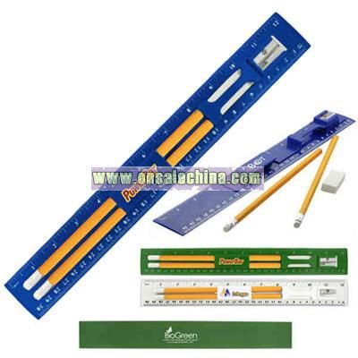 Twelve inch ruler holds 2 pencils and an eraser