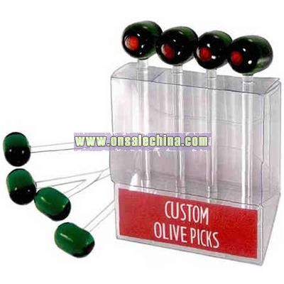 Glass olive picks in a PVC box