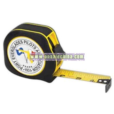 Rubber touch tape measure with power lock and belt clip