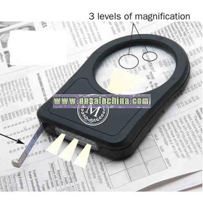 Magnifying glass with a 3' tape measure and flashlight