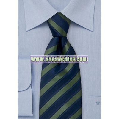 Striped navy blue and forest green silk tie