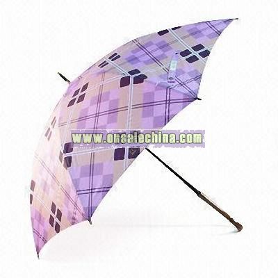 Tartan Print Umbrella with Wooden Hook Handle