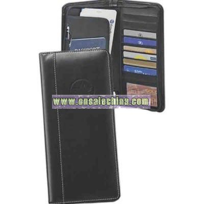 Black deluxe bonded leather zippered passport case with multi-pocket interior
