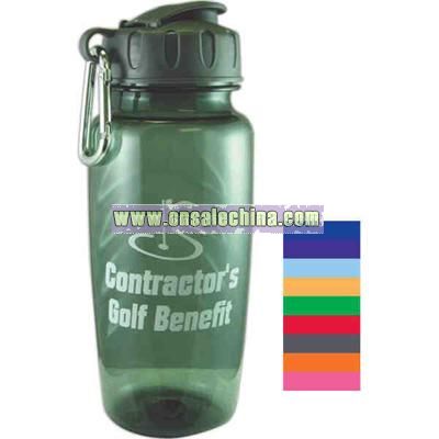 26 oz. BPA free polycarbonate water bottle with tethered snap top lid and carabiner clip