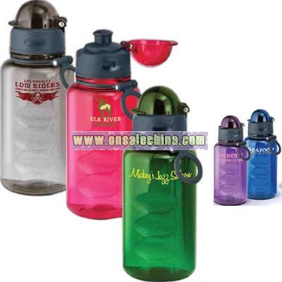 Polycarbonate 20 oz. water bottle with pop-up drink-thru lid and finger grooves