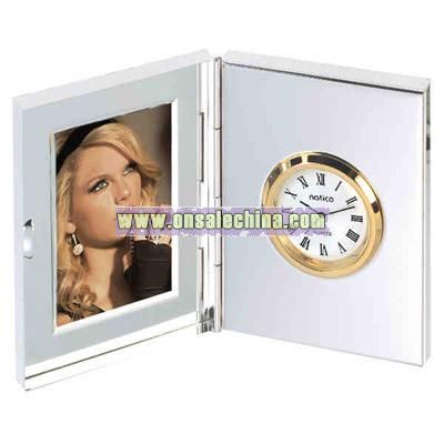 Silver plated clock with gold bezel and picture frame