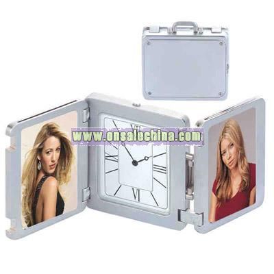 Wedding Suitcase shaped double photo frame with clock.