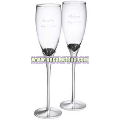 Glass Toasting Flutes with Crystals & Satin Stems