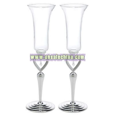 Silver Plated Open Heart & Jewel Drop Stem Champagne Flutes