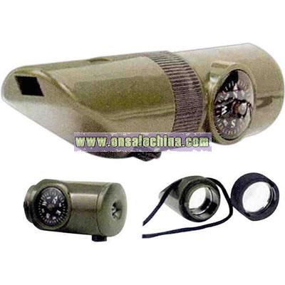 Olive drab 6-in-1 survival whistle kit with LED light