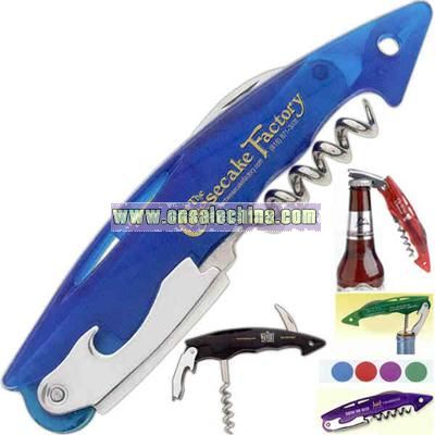 Wine opener with durable cutter blade and lever and corkscrew