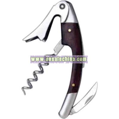 Curved stainless steel handy corkscrew with dark wood inset