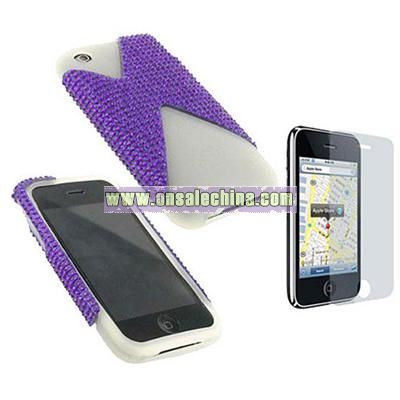 Apple iPhone 3GS/ 3G White Silicone/ Purple Rhinestone Shell Case