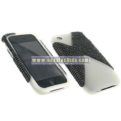 Apple iPhone 3GS/ 3G White Silicone/ Black Rhinestone Shell Case
